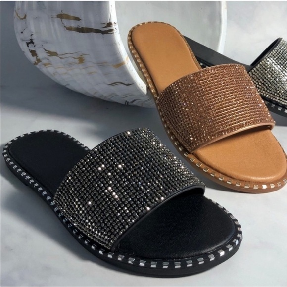 Black Rhinestone Flat Sandals - Picture 8 of 10